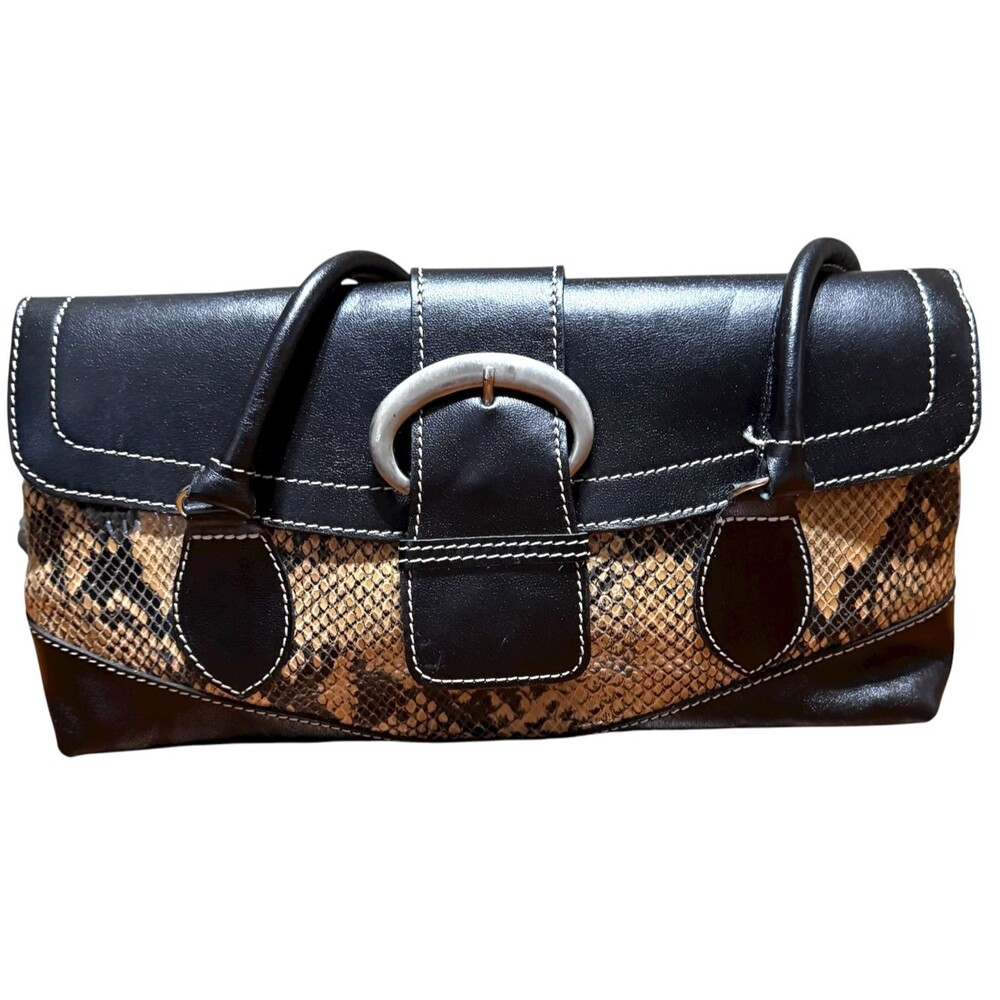 Vintage Y2K Leather Faux Snake Shoulder Bag Black Beige Buckle Flap Retro‎ NOS
